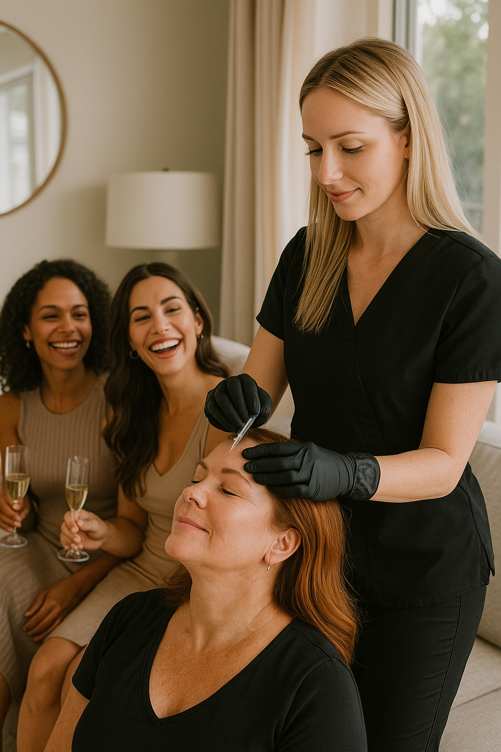 Woman getting cosmetic injections as friends watch and laugh in a bright room.