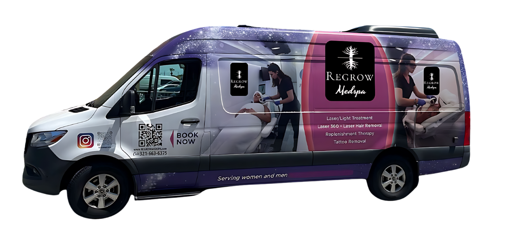 A white and purple van with the