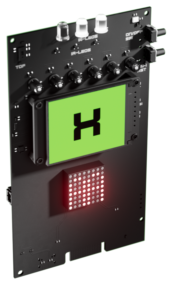 Black rectangular device with small screen, buttons, and grid, likely for data storage or processing.