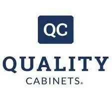 The logo for quality cabinets is blue and white.