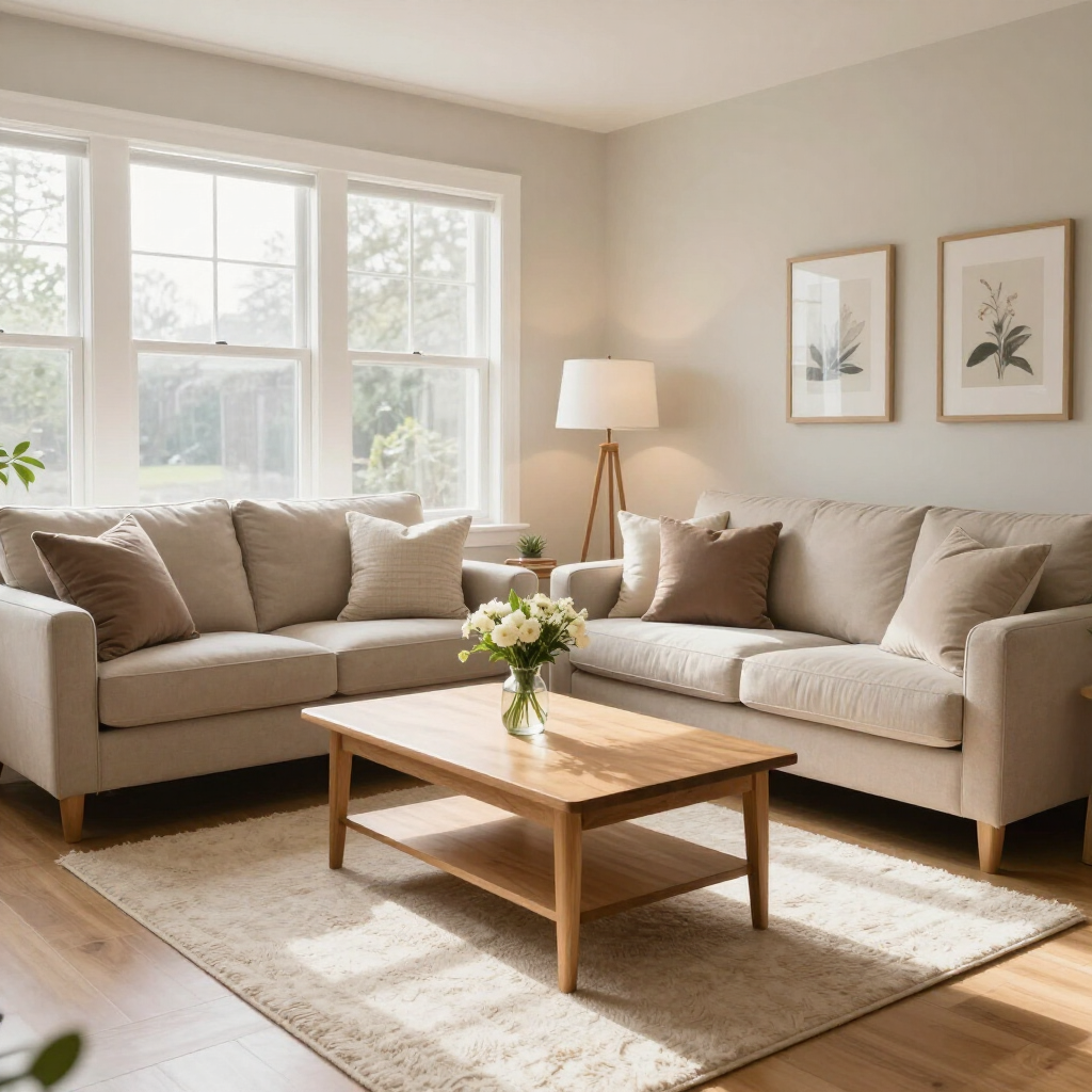 Bright living room with beige sofas, wooden coffee table, floor lamp, and framed wall art.