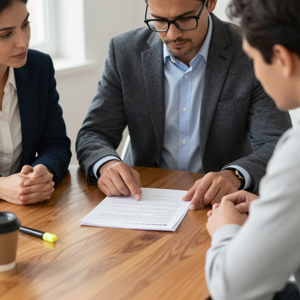 Three people in a meeting reviewing a document at a wooden table, one pointing at the page.