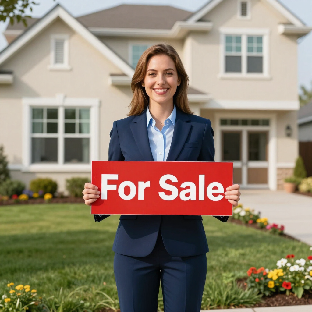 Woman in navy suit holding a red “For Sale” sign in front of a suburban house