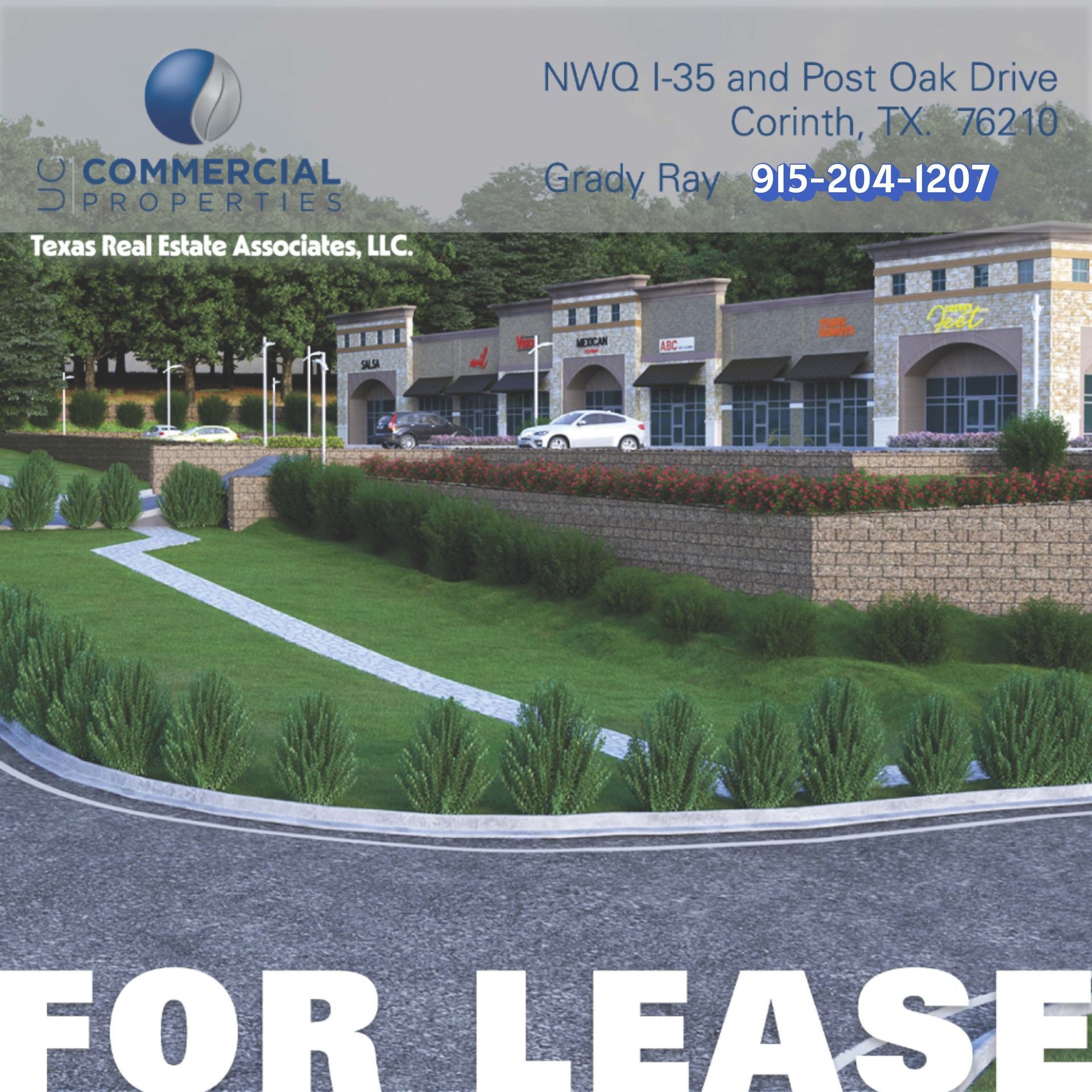 Commercial building for lease with landscaping and large "FOR LEASE" sign, NWO I-35 and Post Oak Dr.