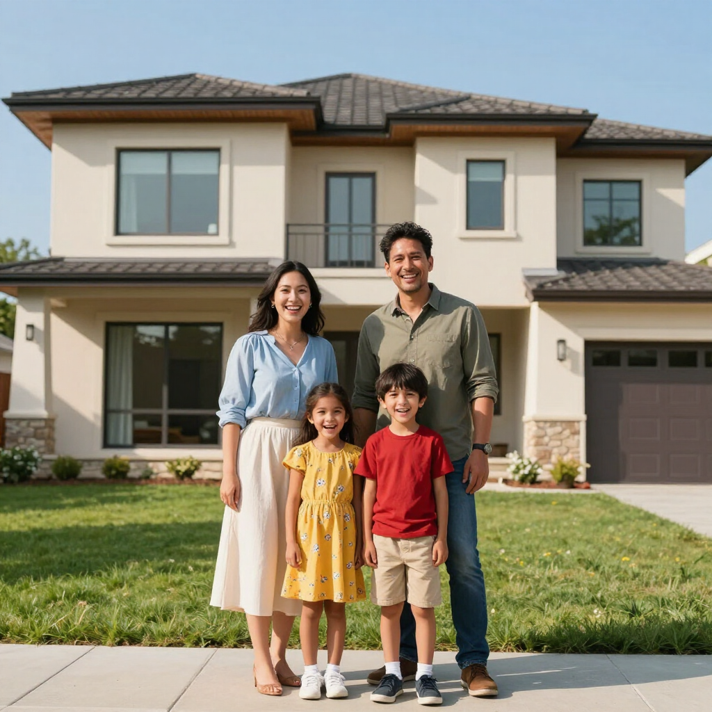 Family standing on a front lawn in front of a two-story suburban house, smiling at the camera