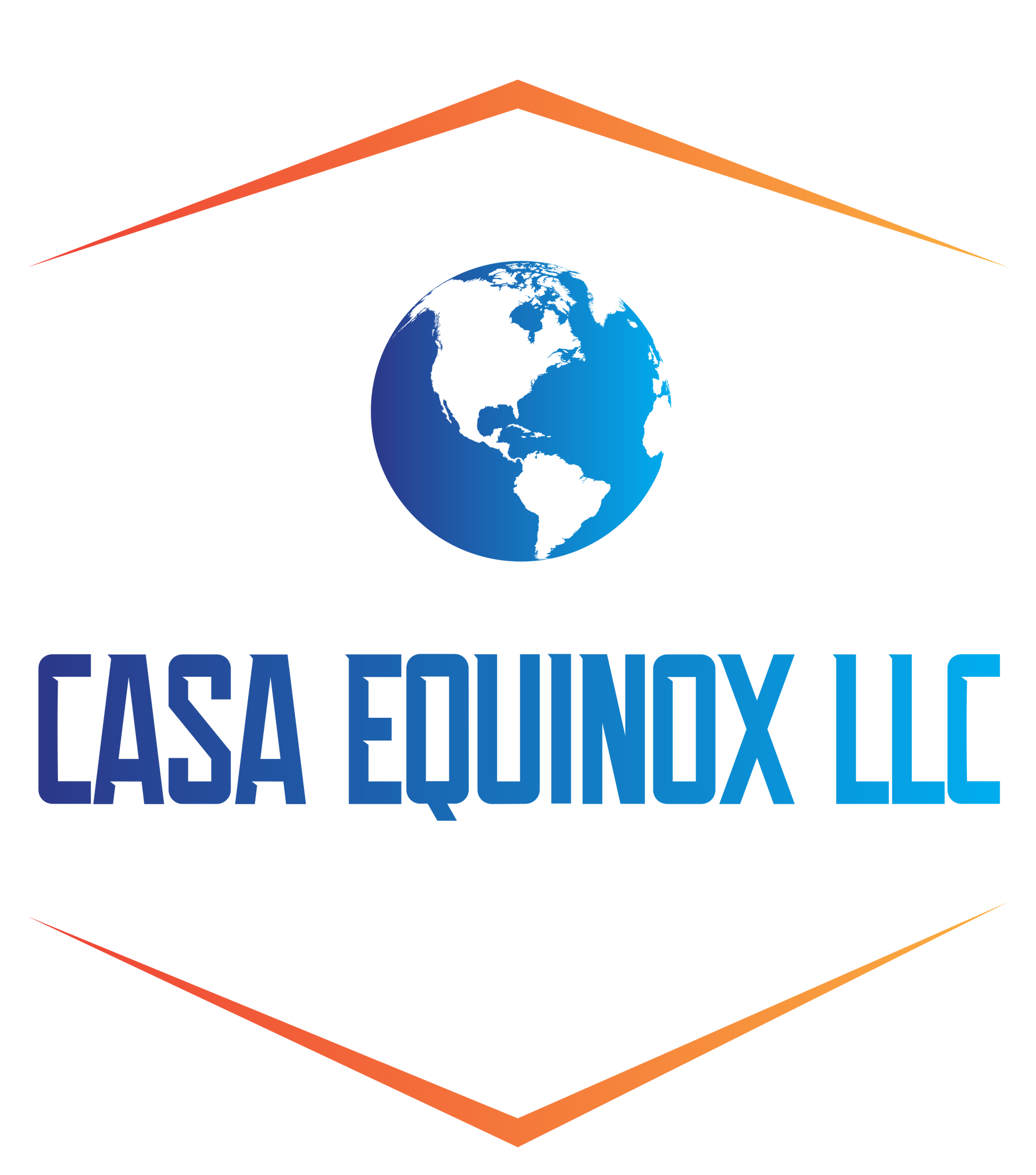 Logotipo de Casa Equinox LLC: globo terráqueo sobre texto azul, en un marco hexagonal azul-naranja.
