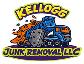 Logo for Kellogg Junk Removal LLC showing a blue dump truck spilling junk and a mattress, with bold, stylized text.
