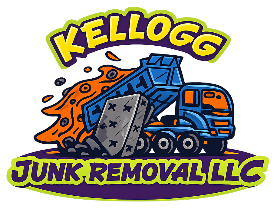 Logo for Kellogg Junk Removal LLC showing a blue dump truck spilling junk and a mattress, with bold, stylized text.