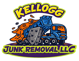 Logo for Kellogg Junk Removal LLC showing a blue dump truck spilling junk and a mattress, with bold, stylized text.