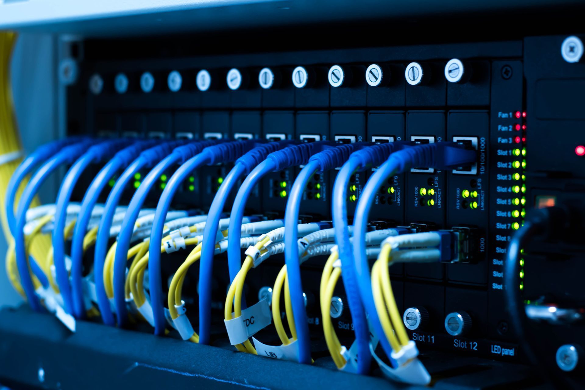 Network switch with blue and yellow Ethernet cables plugged into ports on a server rack