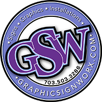 Purple and silver GSW Graphics logo with circular text and website, phone number around the edge