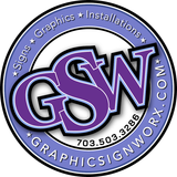 GSW Graphics logo in purple and black with gray ring, listing signs, graphics, installations, and website URL.