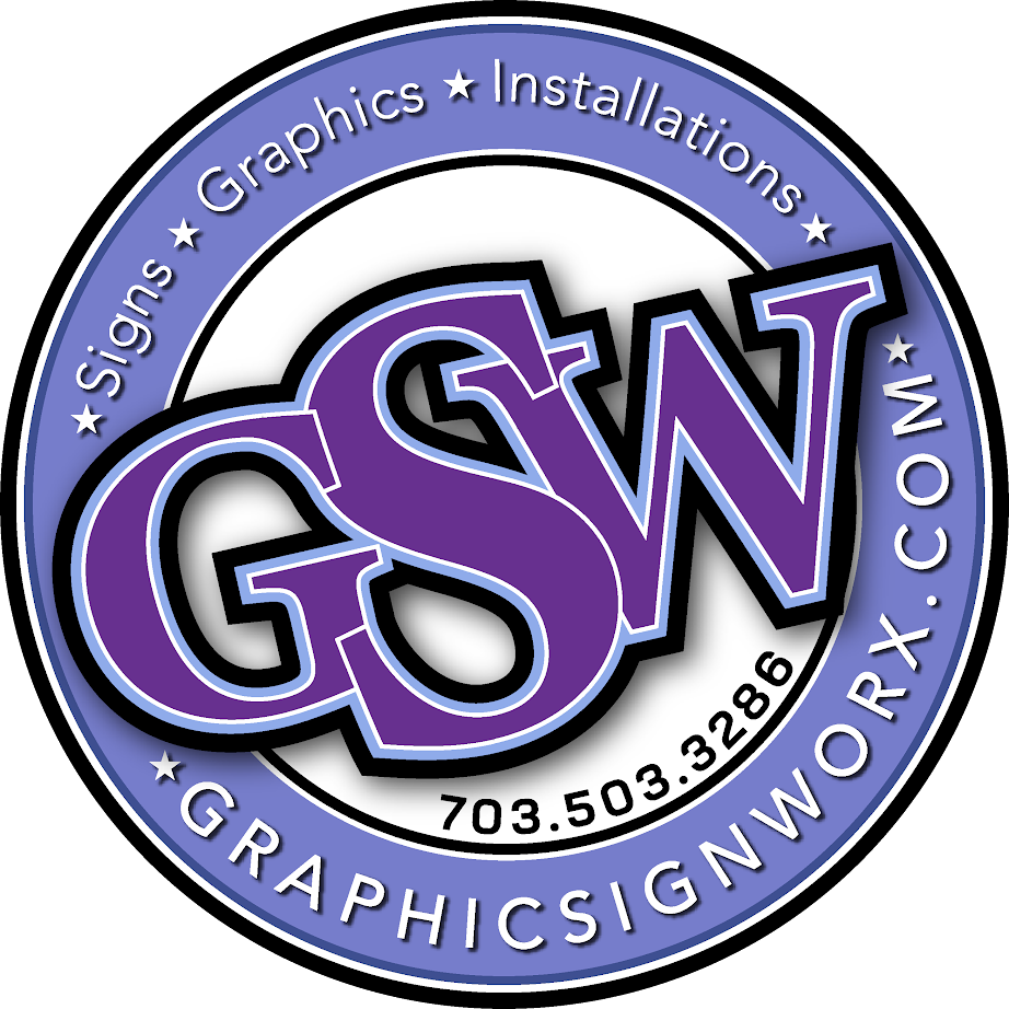 GSW Graphics logo in purple and black with gray ring, listing signs, graphics, installations, and website URL.