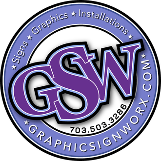 GSW Graphics logo in purple and black with gray ring, listing signs, graphics, installations, and website URL.