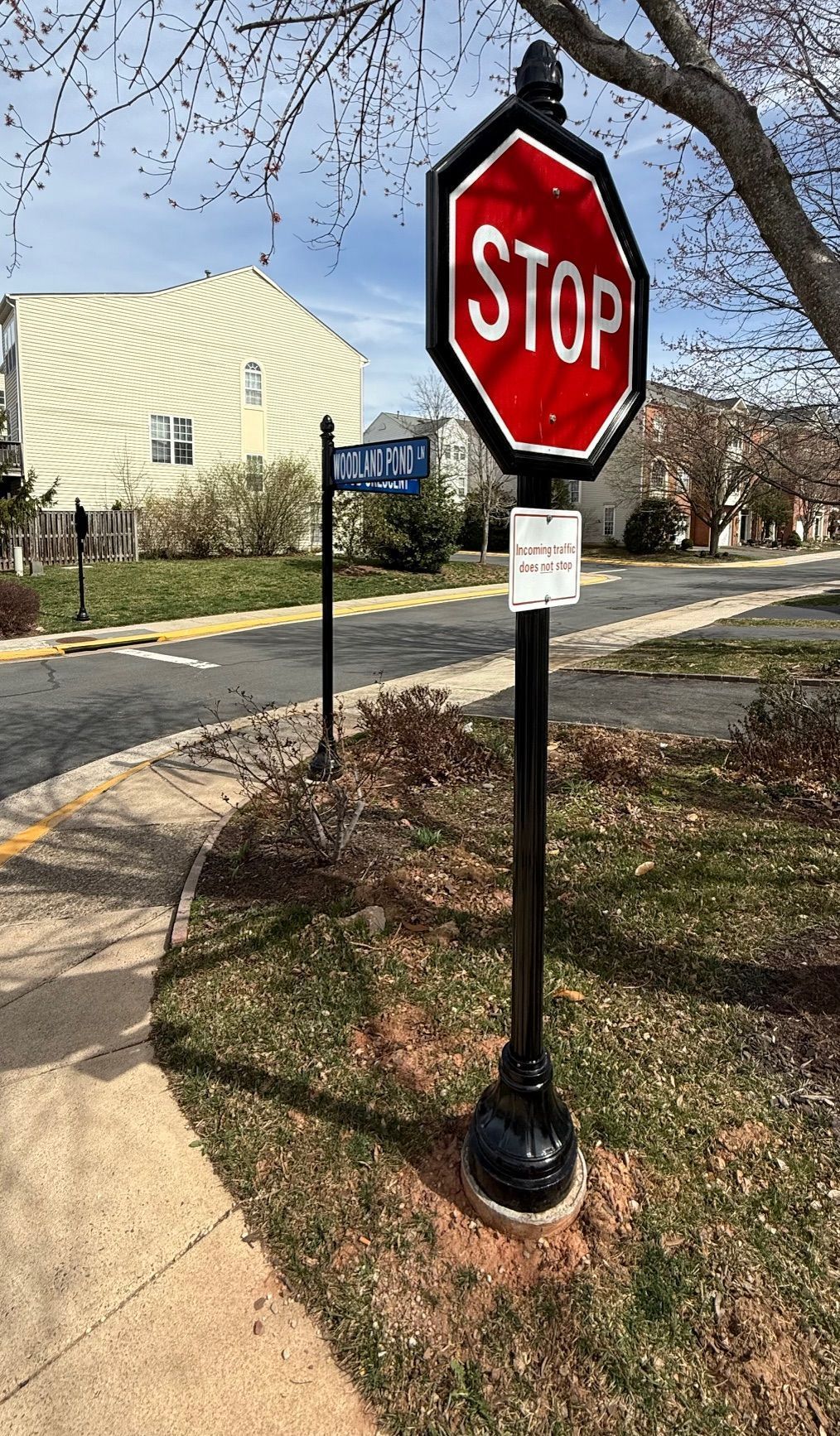 Red stop sign on a post beside a sidewalk in a sunny suburban area.