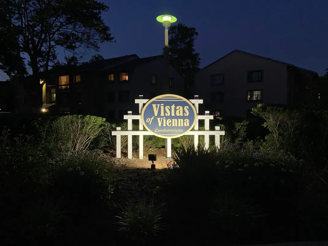 Illuminated Vistas Cinema sign at night in front of a dark building and trees