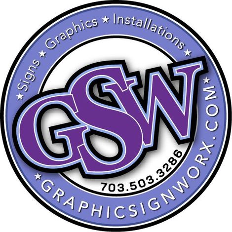 Purple and black GSW Graphics Signworx logo with circular text and website and phone number around the edge