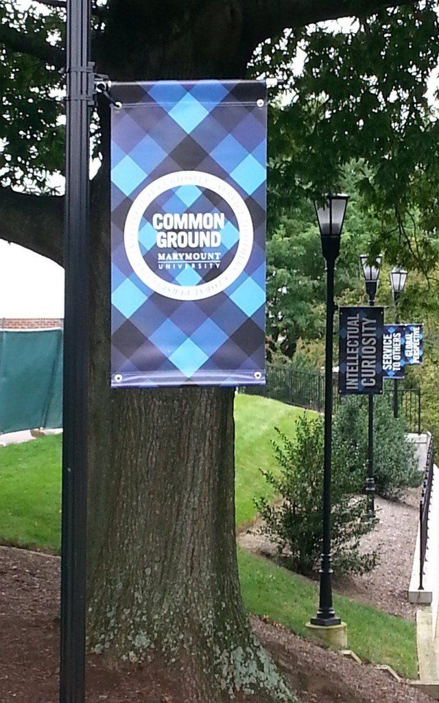 Blue and black banner reading “Common Ground” hanging on a tree-lined sidewalk path