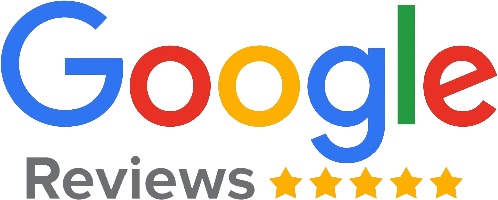 Google Reviews logo with blue, red, yellow, and green text and five gold stars