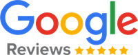Google Reviews logo with multicolored Google text and five gold stars below