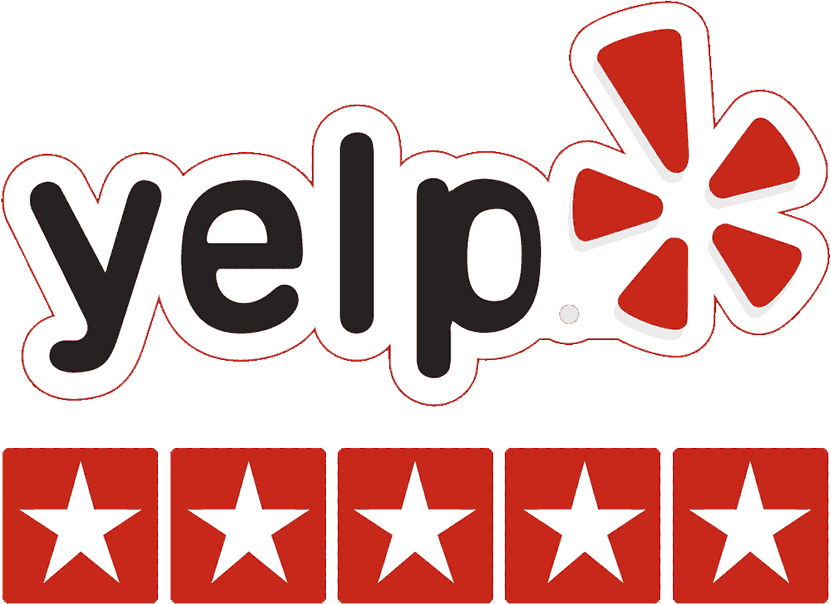 Yelp logo with red burst icon above five red star rating icons