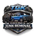 A logo for TGK Hauling & Junk Removal featuring a blue pickup truck towing a trailer of junk inside a metallic shield.