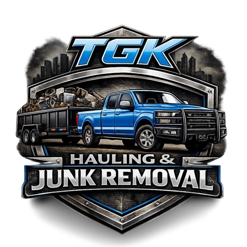 A logo for TGK Hauling & Junk Removal featuring a blue pickup truck towing a trailer of junk inside a metallic shield.