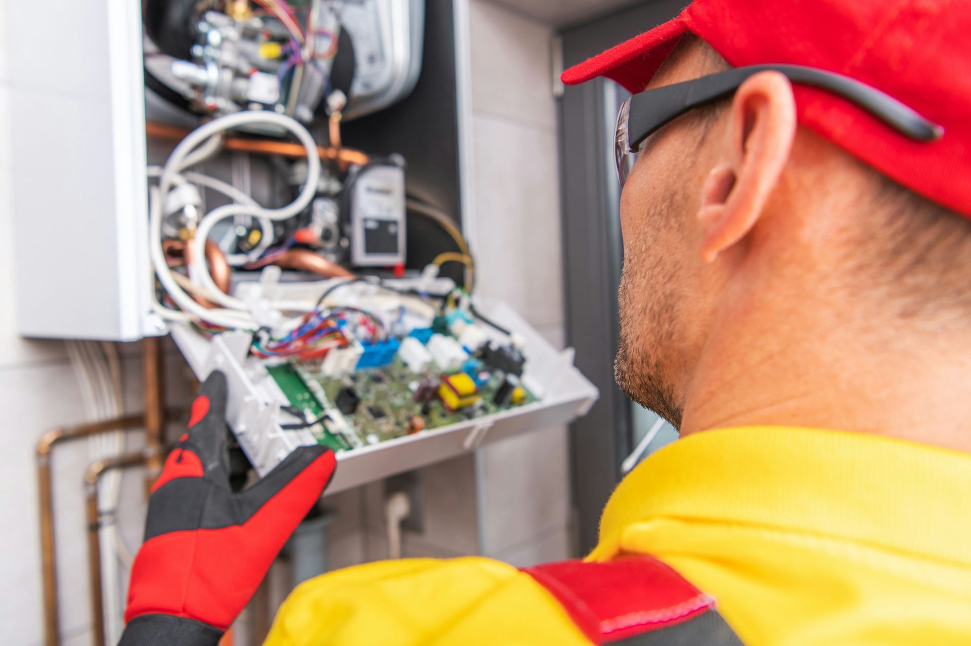 Technician repairs heating system, holding a circuit board, wearing gloves and a red cap.
