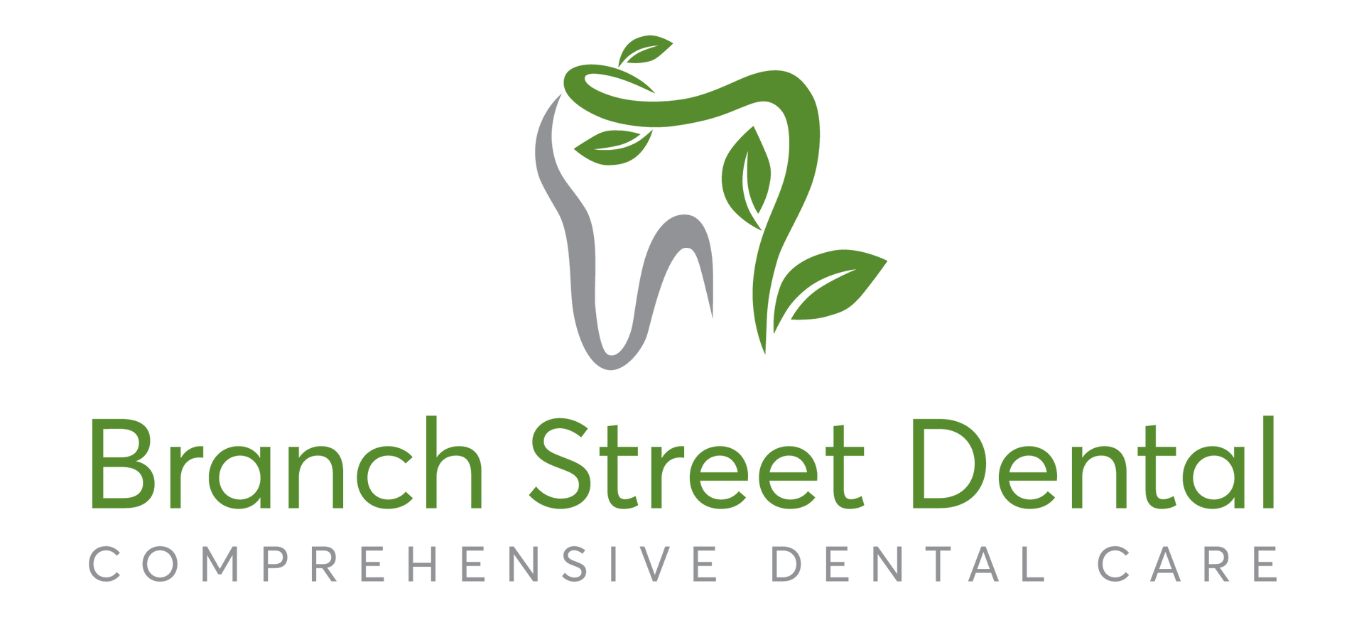 Branch Street Dental logo with a tooth, green leaves, and text.