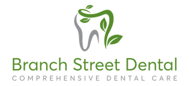 Branch Street Dental logo with a tooth, green leaves, and text.