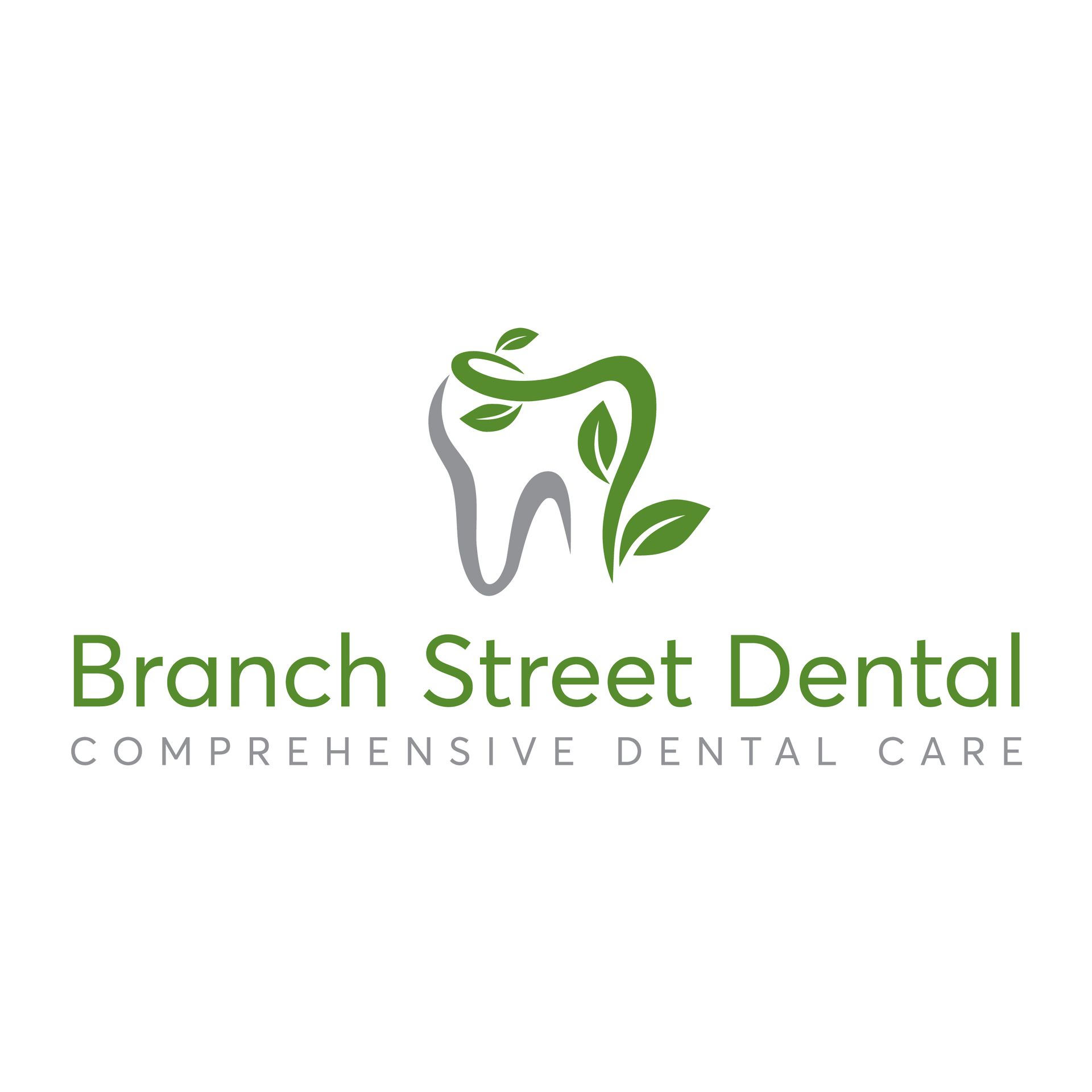 Branch Street Dental logo: Tooth with green vine and leaves, green and gray text.