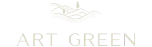 Logotipo “ART GREEN” com uma folha verde-clara e um ícone de paisagem acima do texto.