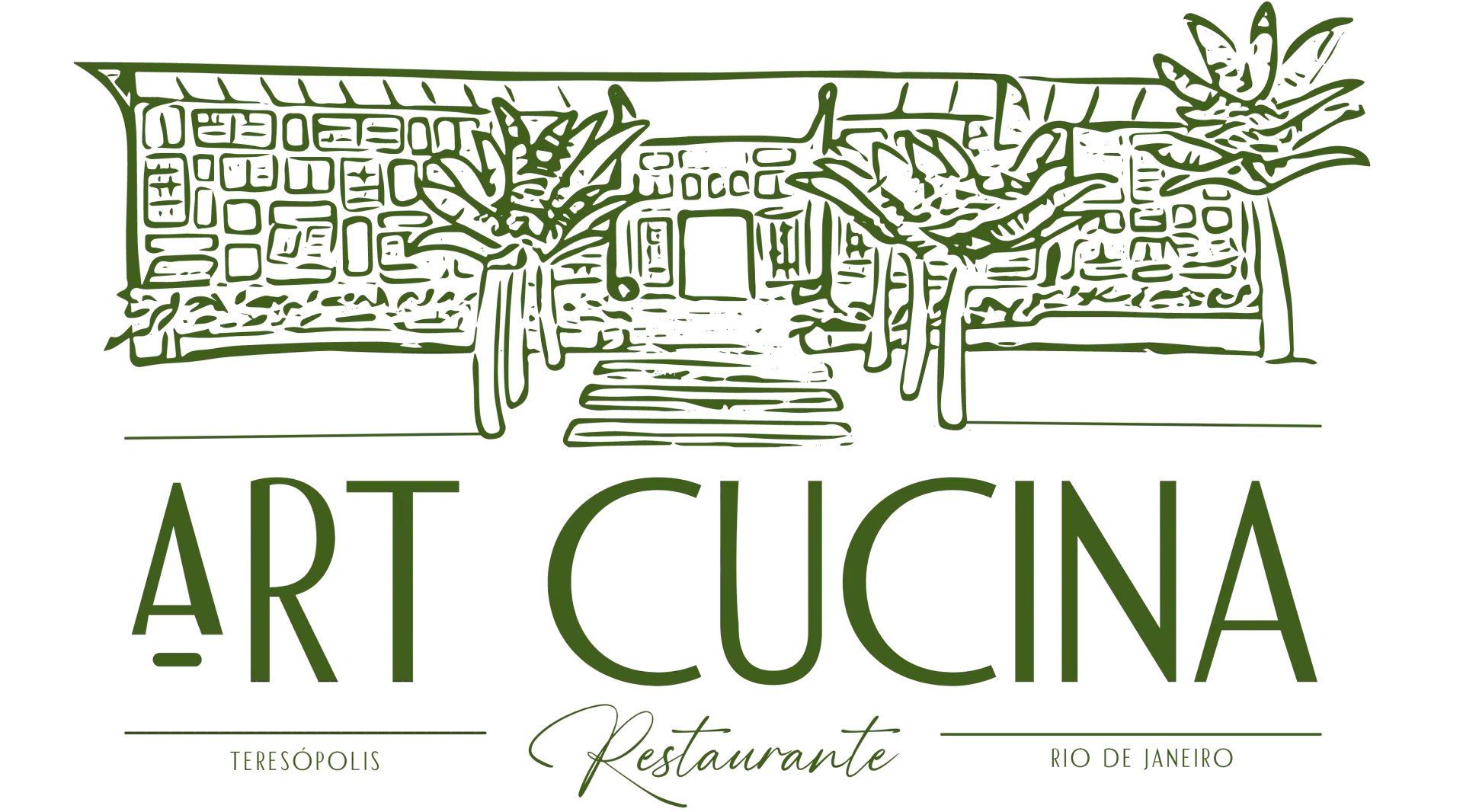 Logotipo do restaurante Art Cucina, com um desenho linear verde de um edifício e árvores sobre um fundo creme.