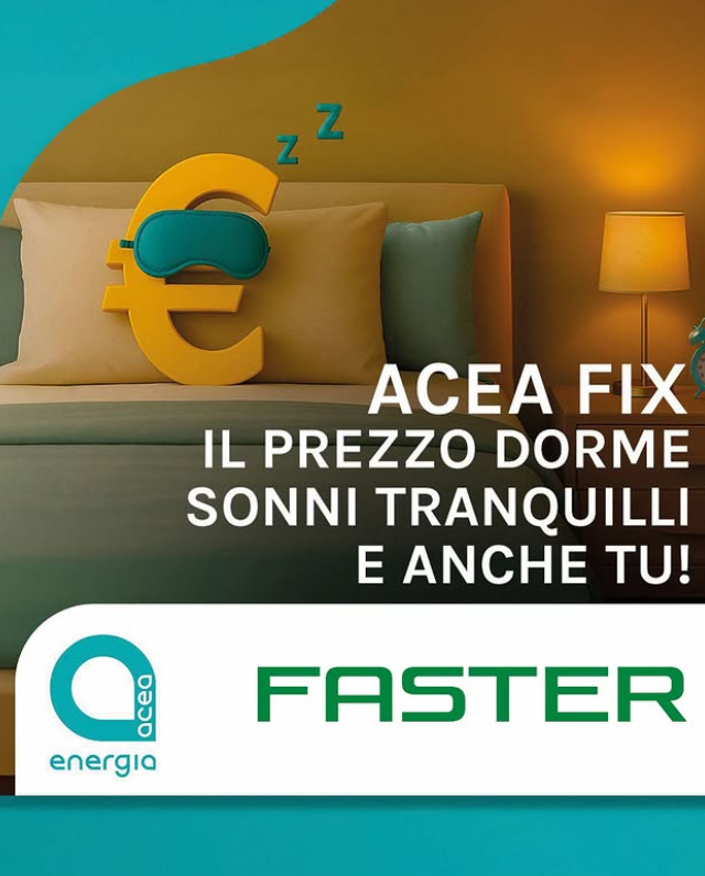 Pubblicità per ACEA Energy, che mostra un letto con il simbolo dell'euro che indossa una mascherina per dormire e il testo 