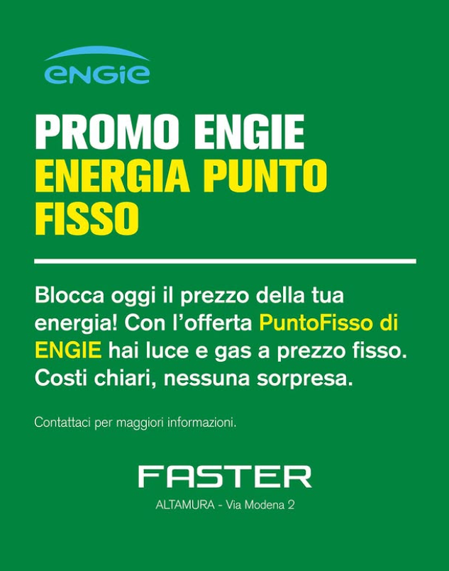 Promozione per l'offerta energetica Engie Punto Fisso. Sfondo verde. Il testo dice 