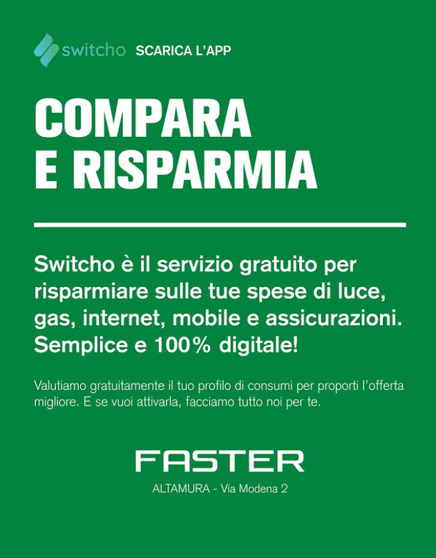 Pubblicità ecologica per Switcho, che confronta e risparmia sulle utenze. Il testo include 