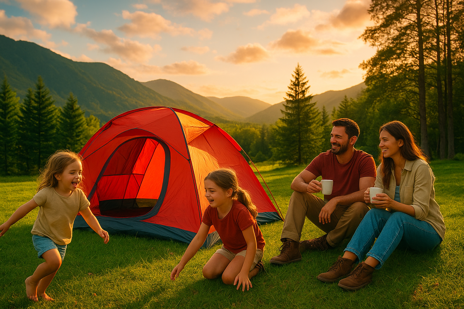 Familia acampando en un prado soleado cerca de las montañas. Dos niñas juegan, mientras sus padres se relajan junto a una tienda de campaña.