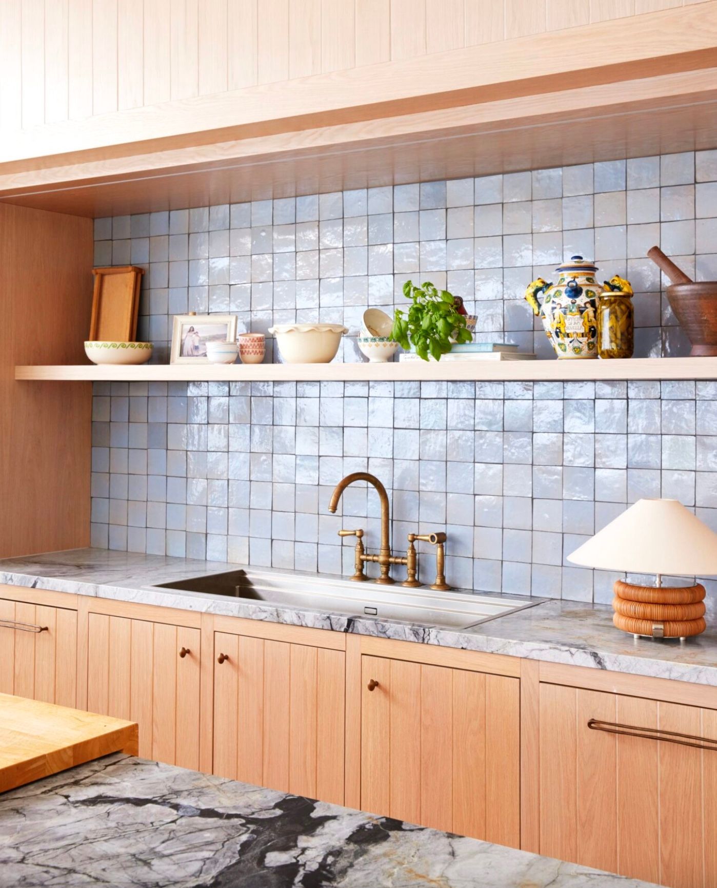 Light Wood Kitchen with Blue Tile Backsplash — Lukas Joinery in Newcastle, NSW