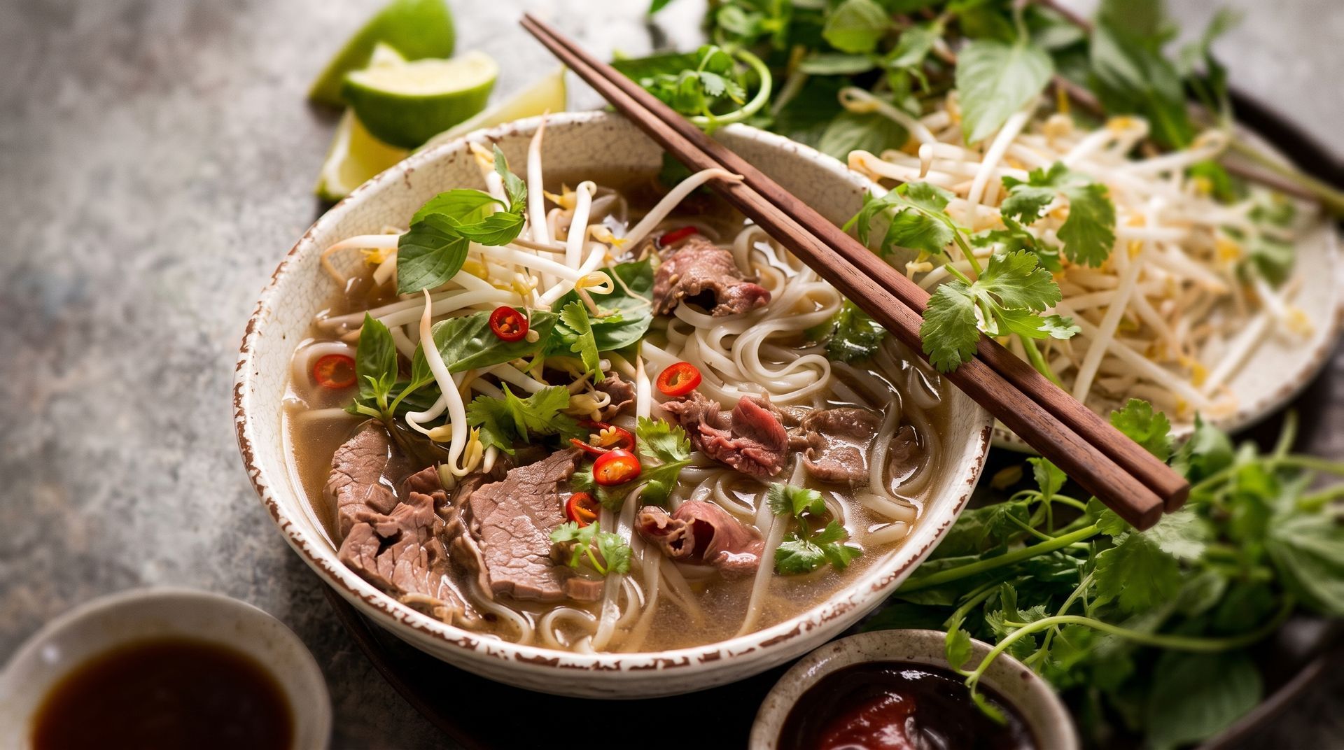 Vietnamese pho soup with beef, herbs, bean sprouts, lime, and chopsticks on a rustic table