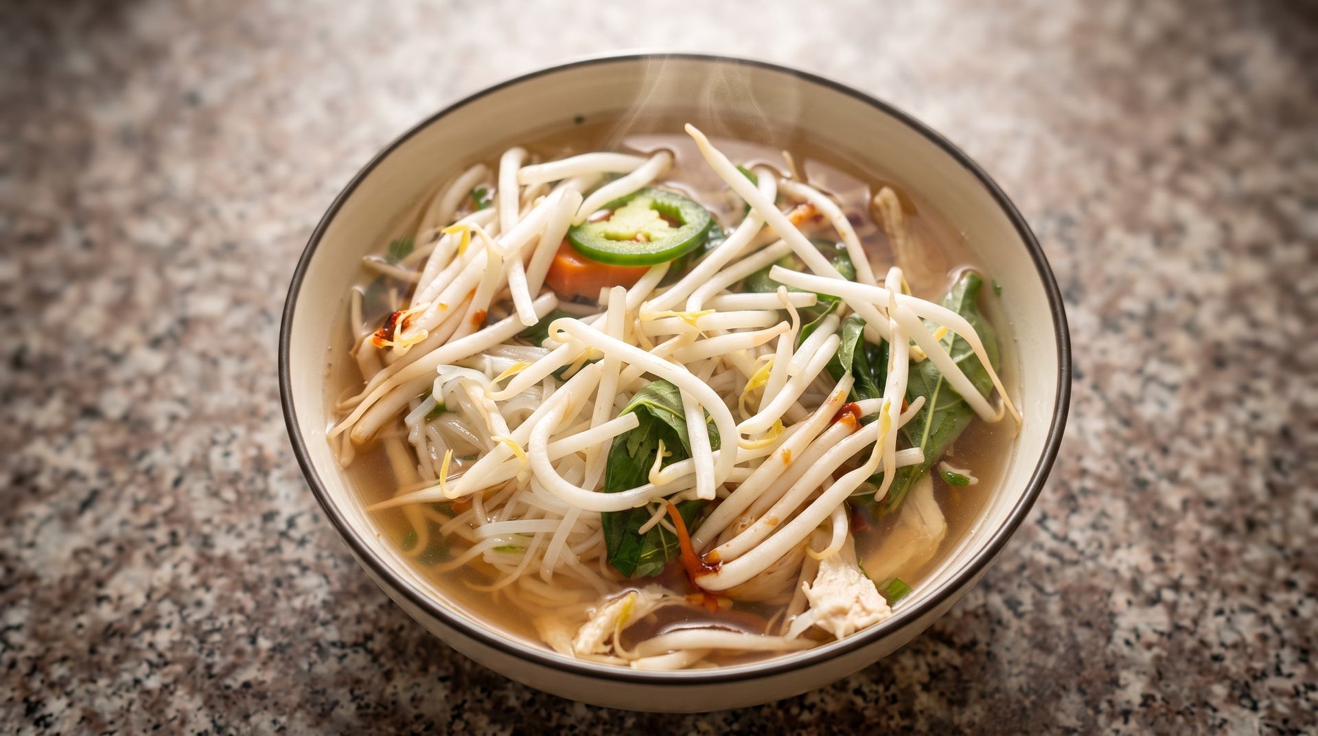 Bowl of noodle soup with bean sprouts and green chilies on a speckled countertop