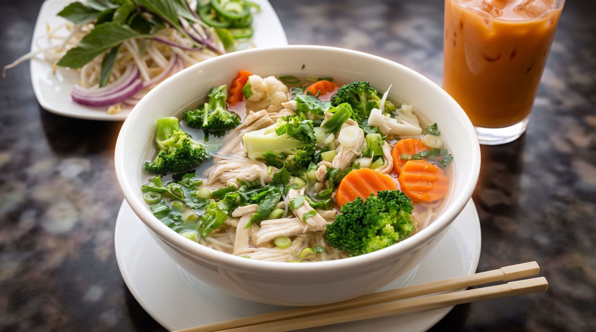 Bowl of chicken vegetable soup with broccoli and carrots, served with chopsticks and iced tea