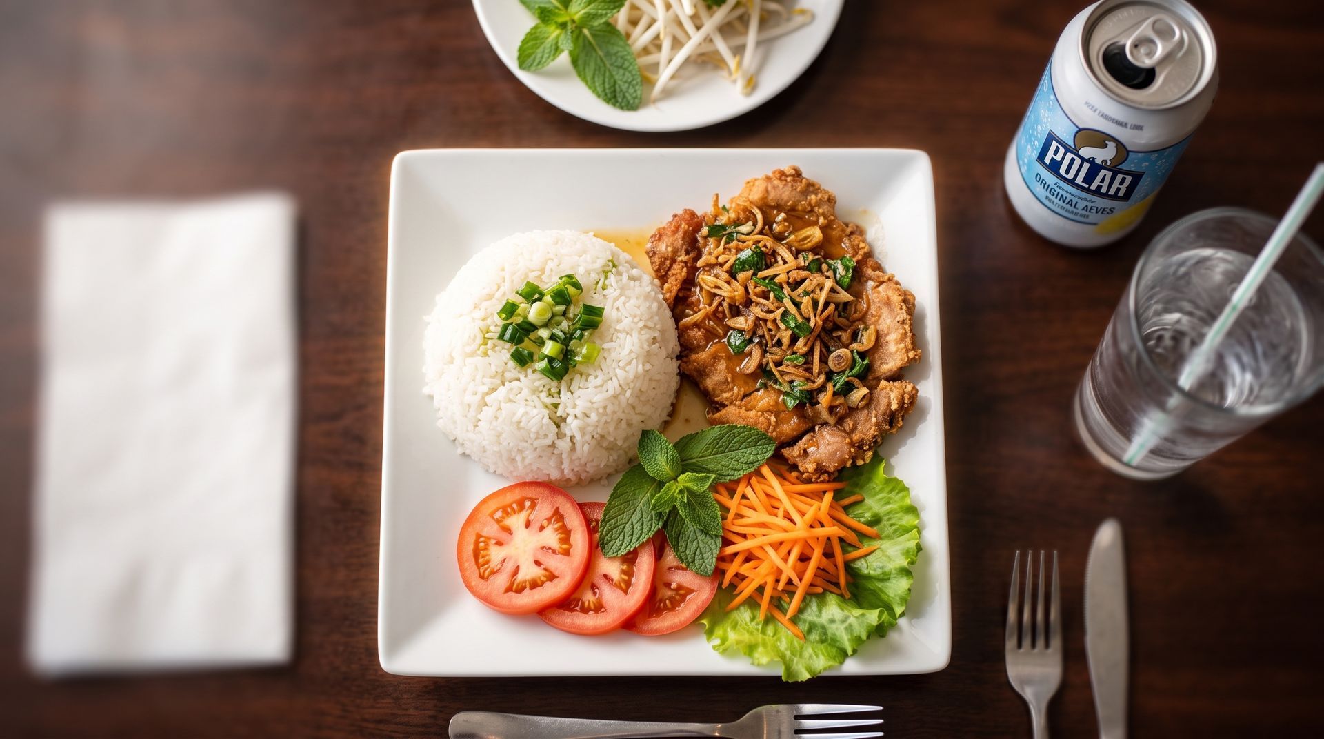Top-down view of a plated meal with rice, chicken, salad, chopsticks, and a drink on a wooden table.