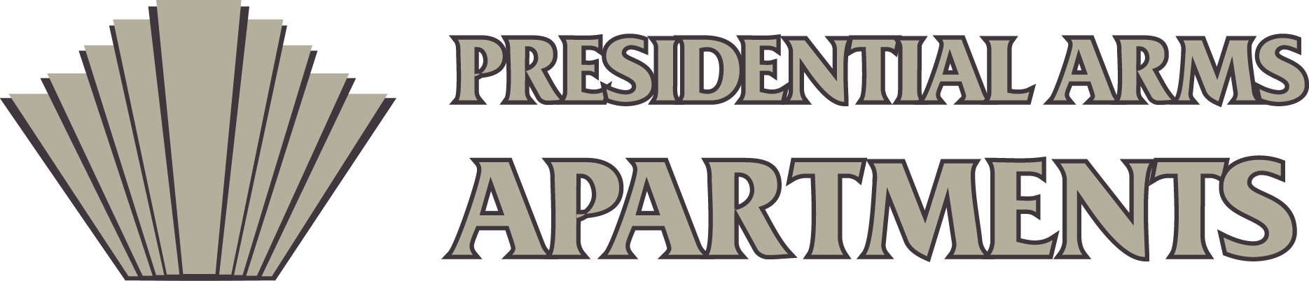 Logo for Presidential Arms Apartments with a fan-like icon and gray text on a white background