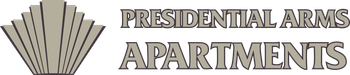 Logo for Presidential Arms Apartments with a fan-like icon and gray text on a white background