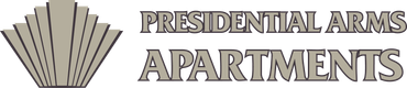 Logo for Presidential Arms Apartments with a fan-like icon and gray text on a white background