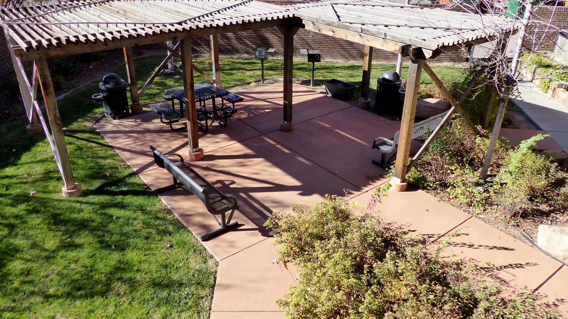 Outdoor patio with picnic tables under a canopy, surrounded by grass and plants.