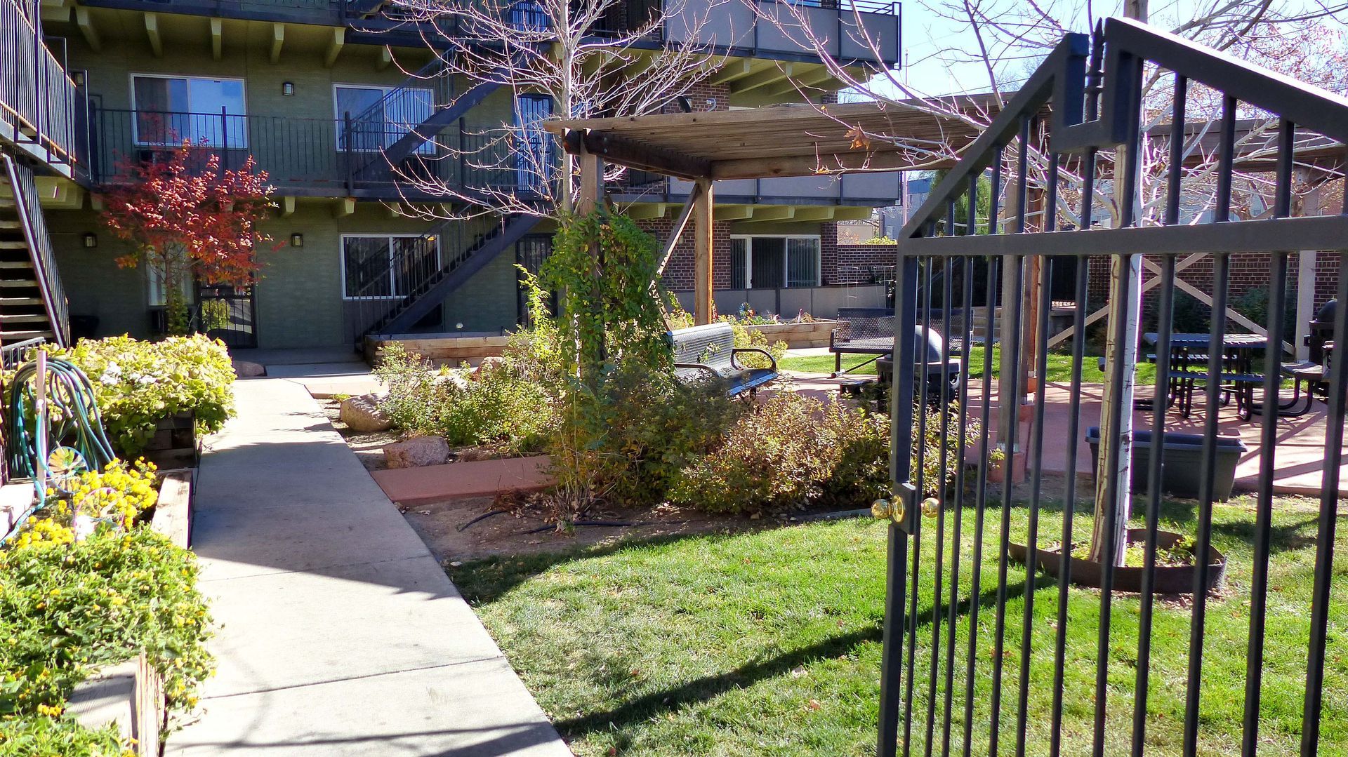 Apartment courtyard with a walkway, grass, trees, and a black metal fence, with balconies in the background