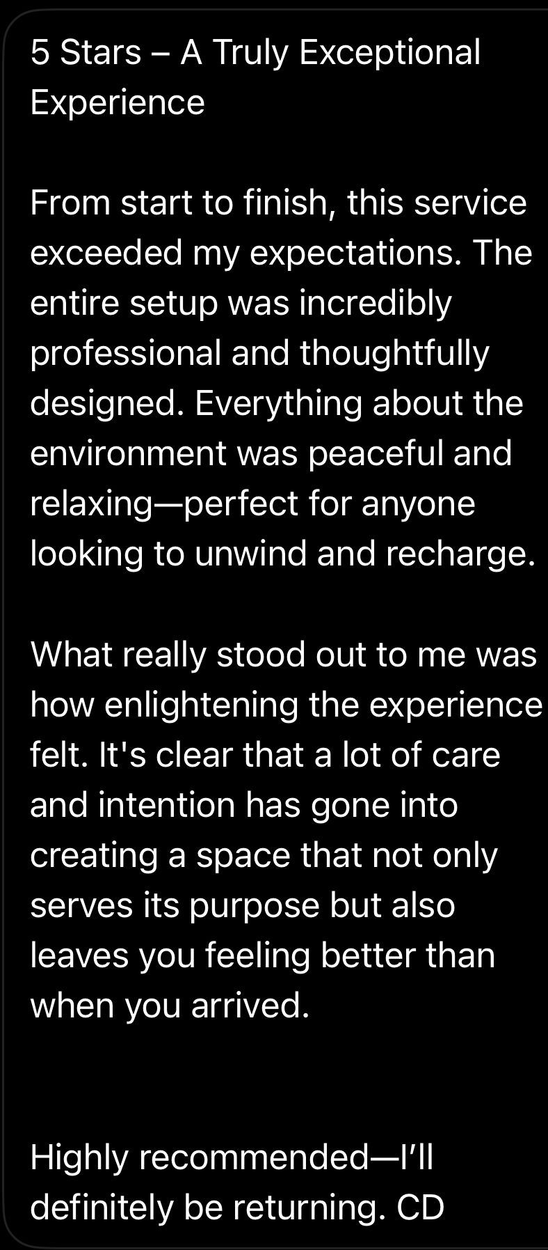 A customer review: 5 stars, peaceful environment, professional setup, highly recommended.
