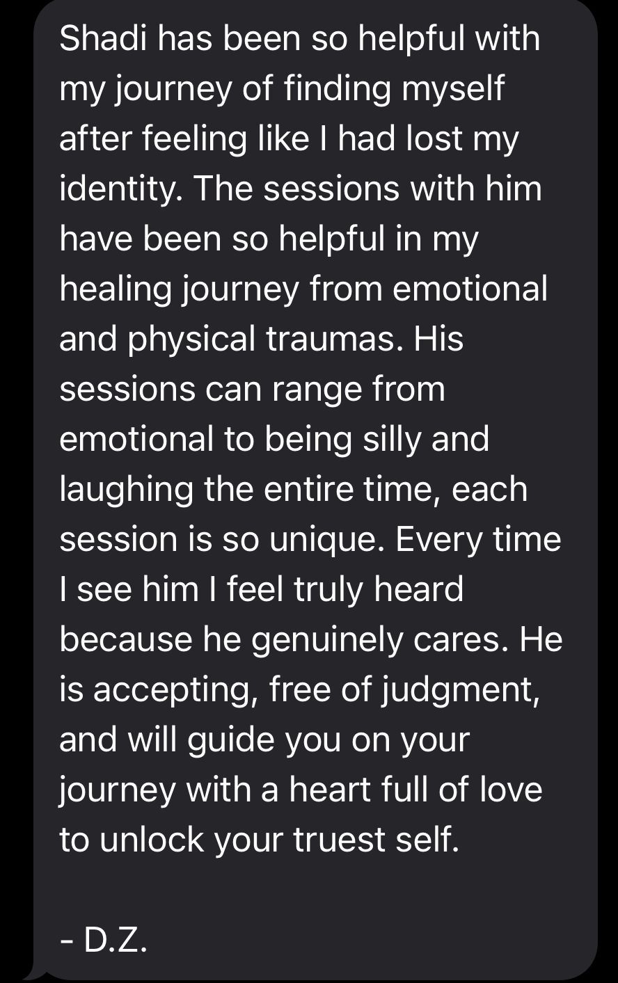 Text review praising Shadi's help in finding oneself, healing from traumas, and guidance. Signed by D.Z.