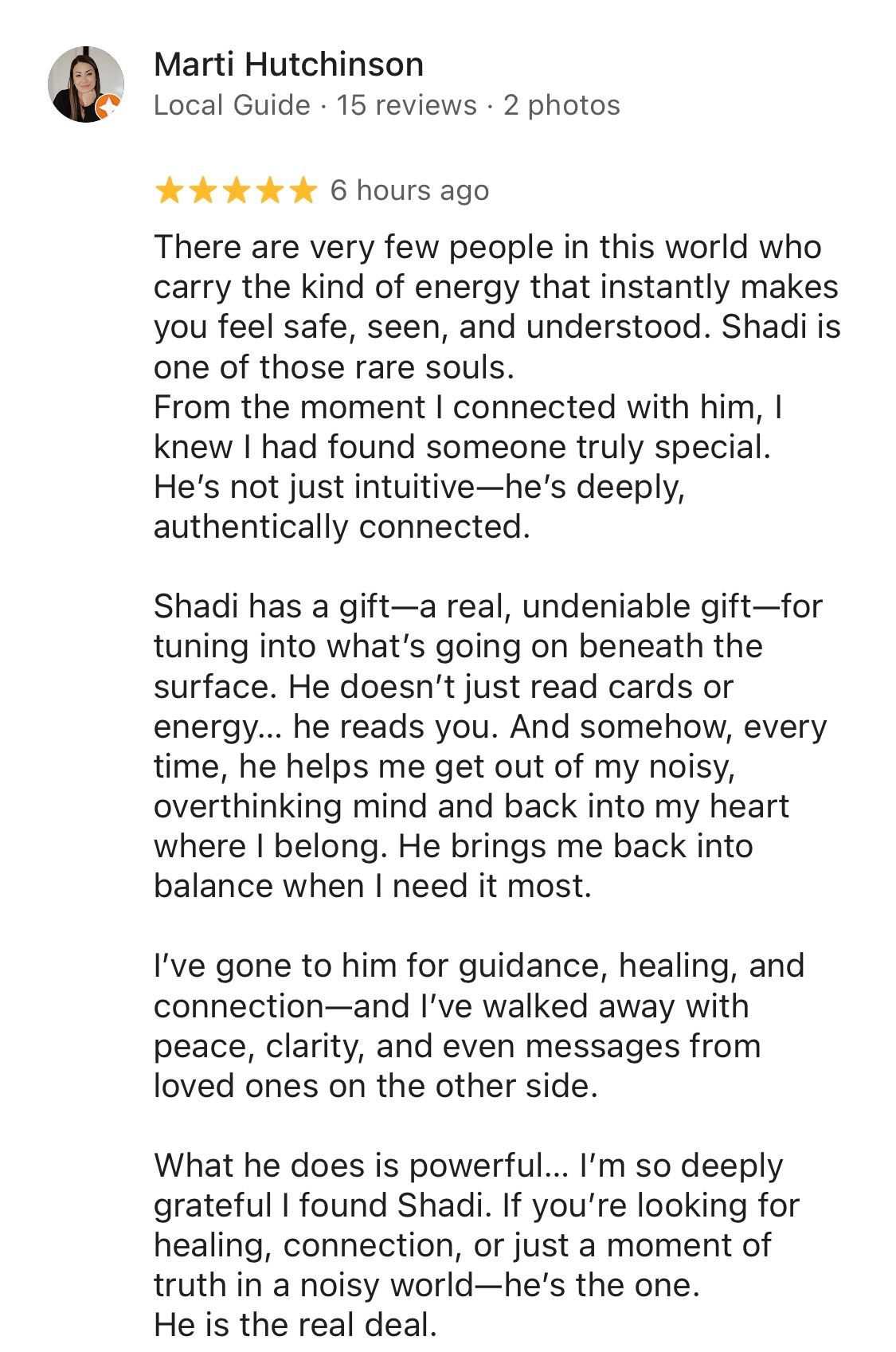 Review of Shadi by Marti Hutchinson: heartfelt praise, discussing healing, connection, and guidance.